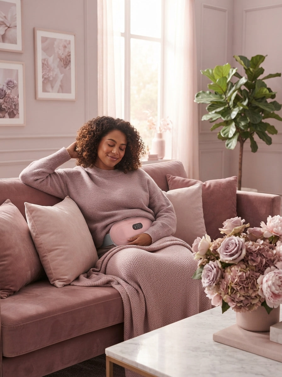 A woman relaxing on a sofa while wearing a discreet wireless heating pad for period pain relief in a cozy, blush-toned living